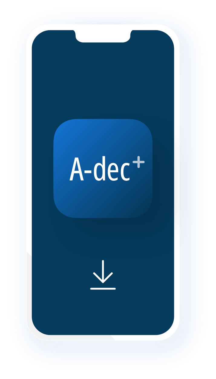 Mobile phone showing the A-dec+ logo on a blue background with a white download icon