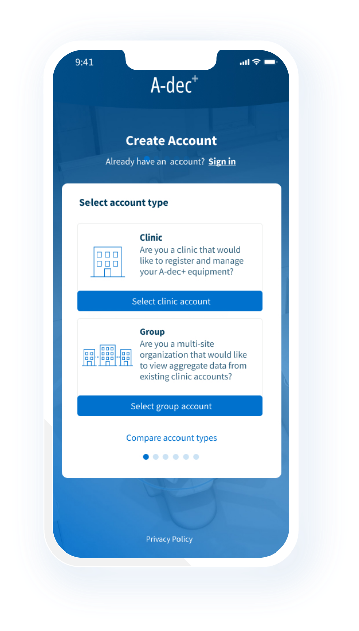 Create your account on the on the A-dec+ mobile app