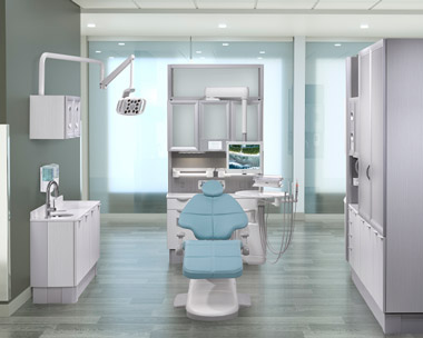 A-dec 500 with Cyan upholstery in A-dec Inspire dental cabinet operatory thumb