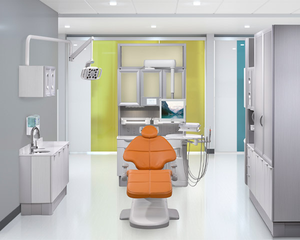 A-dec 500 dental chair with Apricot upholstery and A-dec Inspire dental cabinets 